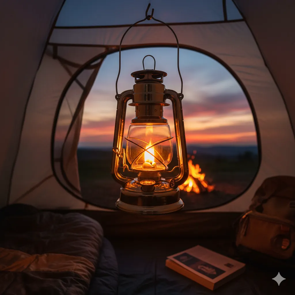 A classic gas lantern giving off a warm glow at night.